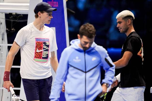 Jannik Sinner (Italy) and Carlos Alcaraz (Spain) during practice on the central court of the Inalpi Arena Turin, Italy, where the ATP, Tennis Herren Finals will begin on Sunday, Nov. 9 - - Friday, November 7, 2024.  Copyright: xMarcoxAlpozzi LaPressex