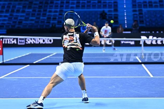 2025 Nitto ATP, Tennis Herren Finals - Practice Day - Turin Carlos Alcaraz (ESP) with Jannik Sinner (ITA) during practice at the 2025 Nitto ATP Finals in Turin, Italy on November 7, 2025. Photo by Corinne Dubreuil ABACAPRESS.COM Turin Italy  Copyright: xDubreuilxCorinne ABACAx