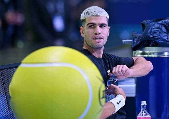 November 7, 2025, Turin, Italy: Carlos Alcaraz of Spain during training for Nitto ATP, Tennis Herren Finals 2025 at the Inalpi Arena, Italy, 7 november 2025 ANSA ALESSANDRO DI MARCO. Nitto ATP Finals 2025: Sinner And Alcaraz S First Training Session  - ZUMAa110 20251107_zaf_a110_004 Copyright: xAlessandroxDixMarcox