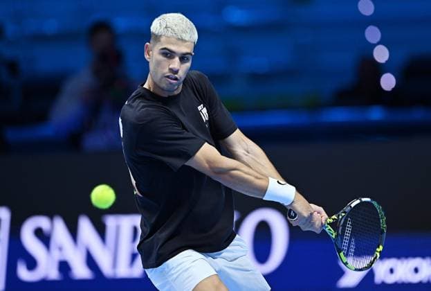 November 7, 2025, Turin, Italy: Carlos Alcaraz of Spain during training for Nitto ATP, Tennis Herren Finals 2025 at the Inalpi Arena, Turin, 7 november 2025 ANSA ALESSANDRO DI MARCO Nitto ATP Finals 2025: Sinner And Alcaraz S First Training Session  - ZUMAa110 20251107_zaf_a110_014 Copyright: xAlessandroxDixMarcox