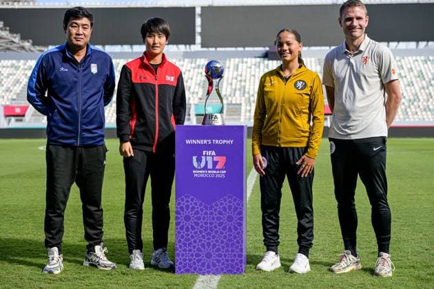 Song Jin PAK Head coach of Korea DPR U-17 and 18 Kim K. Su Jin (Goalkeeper) of Korea DPR U-17 together the captain 6 Renfurm R. C. H. (Midfielder) of Netherlands U-17 and Olivier Alexander AMELINK Head coach of Netherlands U-17 with the winners trophy on the field before the final of the FIFA U17, U 17 Women s World Cup Morocco 2025 match between Korea DOR and Netherlands in Rabat, Morocco, on November 7, 2025, at the Olympic Stadium  Copyright: xAndreaxAmato IPAxSportx xipa-agency.netx xx IPA_67654353 IPA_Agency_IPA67654353