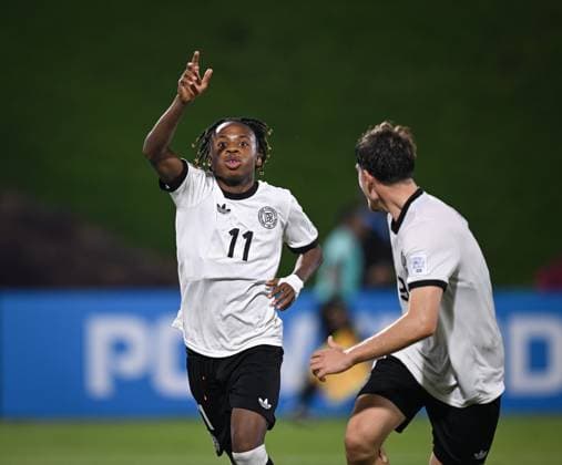 Football, Junior U 17 World Cup 2025 in Doha Qatar Preliminary Round 07 11 2025 Group G Germany Korea DPR CHEERS Germany Goalscorer to 1 0 Wisdom Mike left with Alexander Staff right