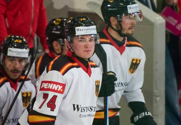 Justin Schütz of Germany at the match GERMANY - LATVIA 4-1 DEB Ice hockey, Eishockey DEUTSCHLAND CUP in Landshut, Germany, November 6, 2025, Season 2025 2026.