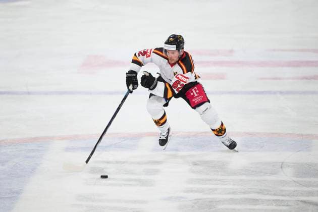Parker Tuomie of Germany at the match GERMANY - LATVIA 4-1 DEB Ice hockey, Eishockey DEUTSCHLAND CUP in Landshut, Germany, November 6, 2025, Season 2025 2026.