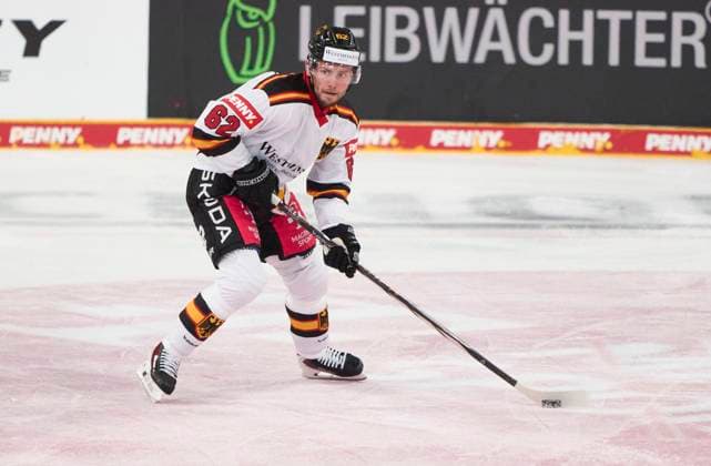 Parker Tuomie of Germany at the match GERMANY - LATVIA 4-1 DEB Ice hockey, Eishockey DEUTSCHLAND CUP in Landshut, Germany, November 6, 2025, Season 2025 2026.