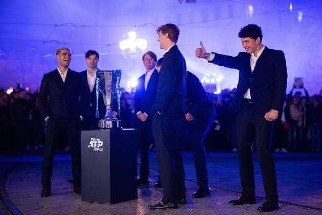 Alexander Zverev (Germany), Taylor Fritz (USA), Alex de Minaur (Australia), Alexander Zverev (Germany), Jannik Sinner (Italy) Ben Shelton (USA) attends Media Day prior to the Nitto ATP, Tennis Herren Finals at Teatro Regio in Turin. The ATP Finals will begin on Sunday, in Turin, Italy, Friday, Nov. 7, 2025. Copyright: xMarcoxAlpozzi LaPressex