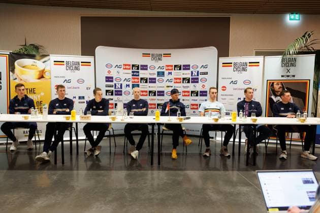 Belgian ryders pictured during a press conference, PK, Pressekonferenz ahead of the UEC Cyclocross European championships, Friday 07 November 2025, Middelkerke. The European cyclocross championships take place on 8 and 9 November. KURTxDESPLENTER  x139962624x