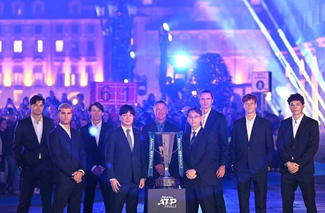 November 7, 2025, Turin, Italy: Taylor Fritz, Carlos Alcaraz, Alex de Minaur, Alexander Zverev, Jannik Sinner and Ben Shelton, during the Blue Carpet for the Nitto ATP, Tennis Herren Final 2025, Torino, 7 novembre 2025 ANSA ALESSANDRO DI MARCO Tennis: Nitto ATP Finals 2025 - ZUMAa110 20251107_zaf_a110_029 Copyright: xAlessandroxDixMarcox