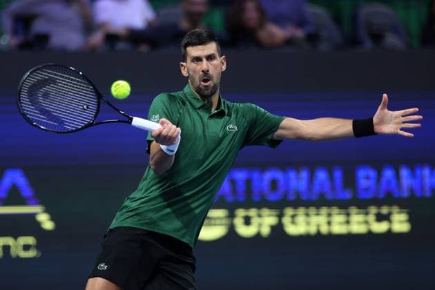 ATP, Tennis Herren 250 tournament in Athens ATHENS, GREECE - NOVEMBER 7: Novak Djokovic of Serbia in action against Yannick Hanfmann (not seen) of Germany during the Hellenic Championship ATP 250 semifinal tennis match, at OAKA Olympic Athletic Center in Athens, Greece on November 7, 2025. Costas Baltas Anadolu Athens Greece. Editorial use only. Please get in touch for any other usage.  Copyright: x2025xAnadoluxCostasxBaltasx