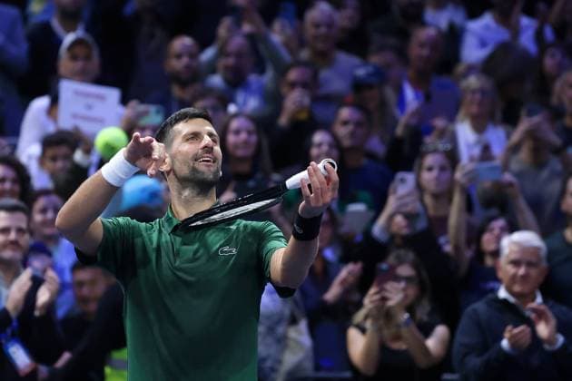 ATP, Tennis Herren 250 tournament in Athens ATHENS, GREECE - NOVEMBER 7: Novak Djokovic of Serbia gestures as he celebrates after winning against Yannick Hanfmann (not seen) of Germany during the Hellenic Championship ATP 250 semifinal tennis match, at OAKA Olympic Athletic Center in Athens, Greece on November 7, 2025. Costas Baltas Anadolu Athens Greece. Editorial use only. Please get in touch for any other usage.  Copyright: x2025xAnadoluxCostasxBaltasx