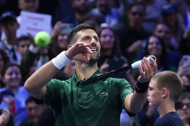 ATP, Tennis Herren 250 tournament in Athens ATHENS, GREECE - NOVEMBER 7: Novak Djokovic of Serbia gestures as he celebrates after winning against Yannick Hanfmann (not seen) of Germany during the Hellenic Championship ATP 250 semifinal tennis match, at OAKA Olympic Athletic Center in Athens, Greece on November 7, 2025. Costas Baltas Anadolu Athens Greece. Editorial use only. Please get in touch for any other usage.  Copyright: x2025xAnadoluxCostasxBaltasx