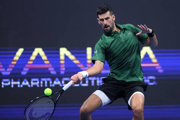 Novak Djokovic vs Yannick Hanfmann - ATP, Tennis Herren 250 tournament ATHENS, GREECE - NOVEMBER 7: Novak Djokovic of Serbia in action against Yannick Hanfmann of Germany during the Hellenic Championship ATP 250 semifinal tennis match at OAKA Olympic Athletic Center in Athens, Greece, on November 7, 2025. Costas Baltas Anadolu Athens Greece. Editorial use only. Please get in touch for any other usage.  Copyright: x2025xAnadoluxCostasxBaltasx