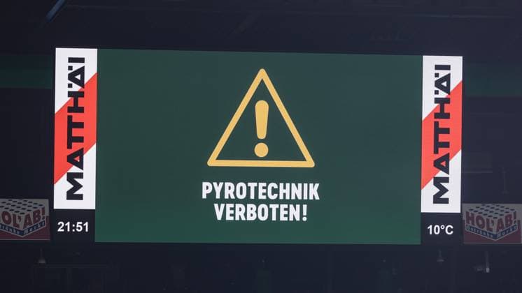 The scoreboard, video wall shows the notice Pyrotechnics prohibited, as flares, Bengalo, Bengalos, pyro, pyrotechnics, fireworks are repeatedly set off in the Bremen fan block, THE DFL GUIDELINES PROHIBIT ANY USE OF PHOTOGRAPHS AS IMAGE SEQUENCES AND OR QUASI VIDEO DFL REGULATIONS PROHIBIT ANY USE OF PHOTOGRAPHS AS IMAGE SEQUENCES AND OR QUASI VIDEO , 07 11 2025, Bremen Germany , Football, Bundesliga, SV Werder Bremen VfL Wolfsburg xobx