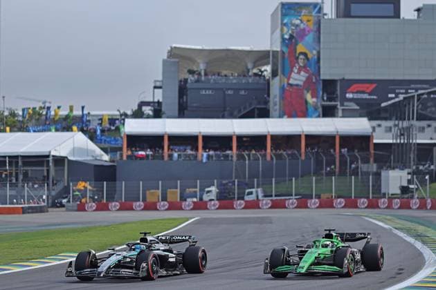 Sao Paulo, Brazil, 7th November 2025. (L-R) George Russell (GBR) Mercedes AMG Petronas F1 Team W16 and Nico Hulkenberg (GER) Stake F1 Team Kick Sauber C45 Ferrari during Sprint Qualifying of the F1 Grand Prix of Brazil at Autodromo Jose Carlos Pace  HeulerxAndrey