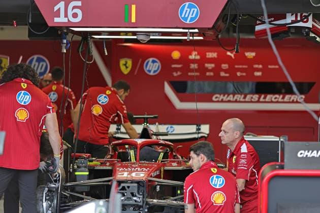 6th November 2925; Sao Paulo, Brazil; Mechanics prepare the car of Charles Leclerc (MON) Scuderia Ferrari SF-25 in the Paddock ahead of the F1 Grand Prix of Brazil at Autodromo Jose Carlos Pace during free practice sessions  HeulerxAndrey