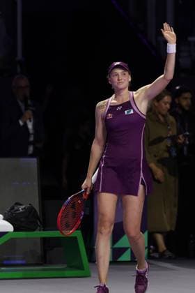 (251108) -- RIYADH, Nov. 8, 2025 -- Elena Rybakina celebrates after winning the semifinal between Elena Rybakina of Kazakhstan and Jessica Pegula of the United States at WTA, Tennis Damen Finals tennis tournament in Riyadh, Saudi Arabia, Nov. 7, 2025. ) (SP)SAUDI ARABIA-RIYADH-TENNIS-WTA FINALS-SEMIFINAL WangxHaizhou 