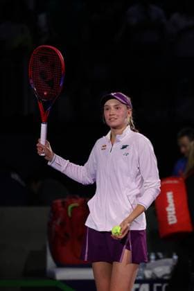 (251108) -- RIYADH, Nov. 8, 2025 -- Elena Rybakina celebrates after winning the semifinal between Elena Rybakina of Kazakhstan and Jessica Pegula of the United States at WTA, Tennis Damen Finals tennis tournament in Riyadh, Saudi Arabia, Nov. 7, 2025. ) (SP)SAUDI ARABIA-RIYADH-TENNIS-WTA FINALS-SEMIFINAL WangxHaizhou 