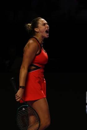 (251108) -- RIYADH, Nov. 8, 2025 -- Aryna Sabalenka of Belarus reacts during the semifinal against Amanda Anisimova of the United States at WTA, Tennis Damen Finals tennis tournament in Riyadh, Saudi Arabia, Nov. 7, 2025. Luo Chen) (SP)SAUDI ARABIA-RIYADH-TENNIS-WTA FINALS-SEMIFINAL WangxHaizhou 