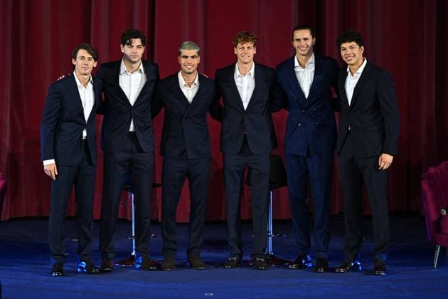 Carlos Alcaraz and Jannik Sinner at 2025 Nitto ATP, Tennis Herren Finals in Torino Jannik Sinner (ITA), Carlos Alcaraz (ESP), Taylor Fritz (USA), Alexander Zverev (GER), Alex De Minaur (AUS) and Ben Shelton (USA) during media day at the 2025 Nitto ATP Finals in Torino, ITALY, on November 7, 2025. Photo by Corinne Dubreuil ABACAPRESS.COM TORINO  Copyright: xDubreuilxCorinne ABACAx