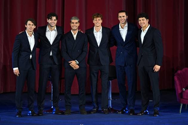 Carlos Alcaraz and Jannik Sinner at 2025 Nitto ATP, Tennis Herren Finals in Torino Jannik Sinner (ITA), Carlos Alcaraz (ESP), Taylor Fritz (USA), Alexander Zverev (GER), Alex De Minaur (AUS) and Ben Shelton (USA) during media day at the 2025 Nitto ATP Finals in Torino, ITALY, on November 7, 2025. Photo by Corinne Dubreuil ABACAPRESS.COM TORINO  Copyright: xDubreuilxCorinne ABACAx