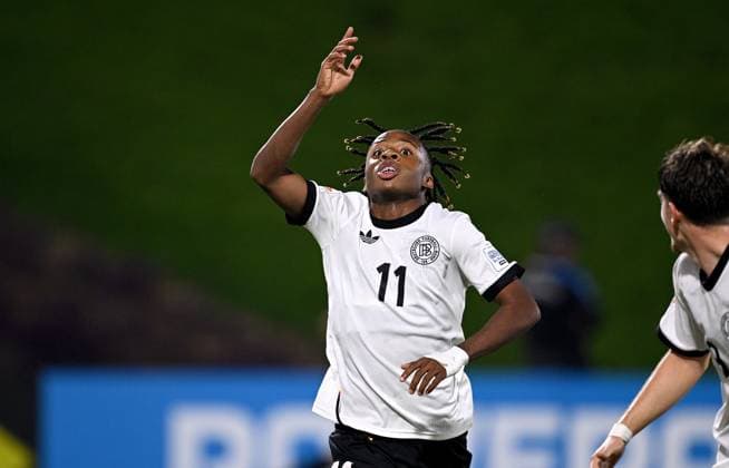 Football, Junior U 17 World Cup 2025 in Doha Qatar Preliminary Round 07 11 2025 Group G Germany Korea DPR Cheering after the goal for 1 0 , Wisdom Mike Germany