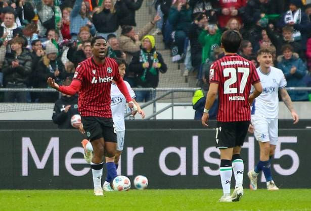 Germany Soccer 2 Bundesliga 2025 26, 12 Matchday Hannover 96 vs SV Darmstadt 98 Heinz von Heiden Arena Stadion Hannover Goal celebration Ime Okon Hannover 96, 20 Hayate Matsuda Hannover 96, 27 Hannover Copyright: xAymanxAlahmedx