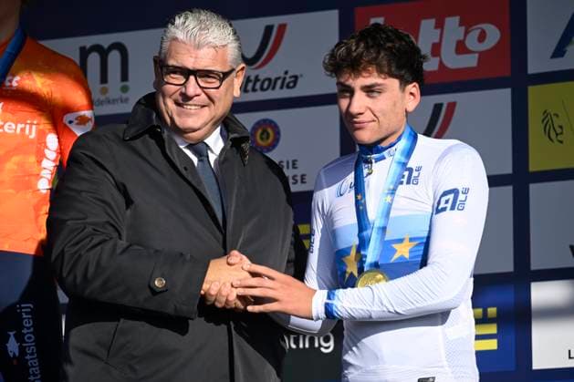 2025 UEC Cyclo-Cross EC - Men U23 MIDDELKERKE, BELGIUM - NOVEMBER 08 : Agostinacchío Mattia (ITA) on the podium during the 2025 UEC Cyclo-Cross European Championships for Men U23 on November 08, 2025 in Middelkerke, Belgium, 08 11 2025 Middelkerke Belgium  Copyright: xNicoxVereeckenx