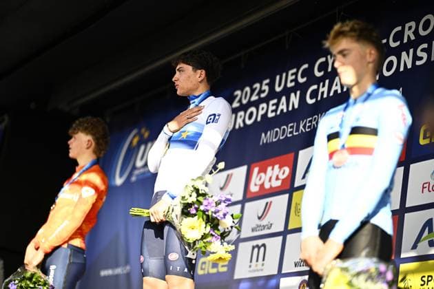 Dutch David Haverdings, Italian Mattia Agostinacchio and Belgian Kay De Bruyckere celebrate on the podium after the U23 men race at the UEC Cyclocross European Championships, Saturday 08 November 2025, in Middelkerke. JASPERxJACOBS  x140172172x