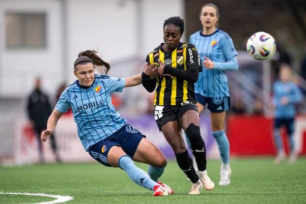 251108 Djurgardens Alexsandra Lobanova and Häckens Monica Jusu Bah during the football match in Damallsvenskan between Djurgarden and Häcken on November 8, 2025 in Stockholm  Copyright: MAXIMxTHORE BB251108MT021