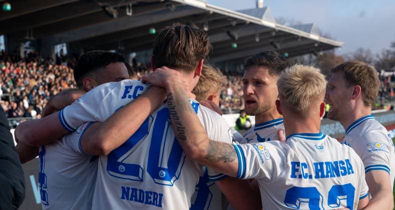 8 11 2025, Football, GER, Men, 3 Liga, DFL, Matchday 14, Season 2025 26, SSV Ulm 1946 FC Hansa Rostock The players of FC Hansa Rostock cheer Ulm Donaustadion Baden Würrttemberg Germany