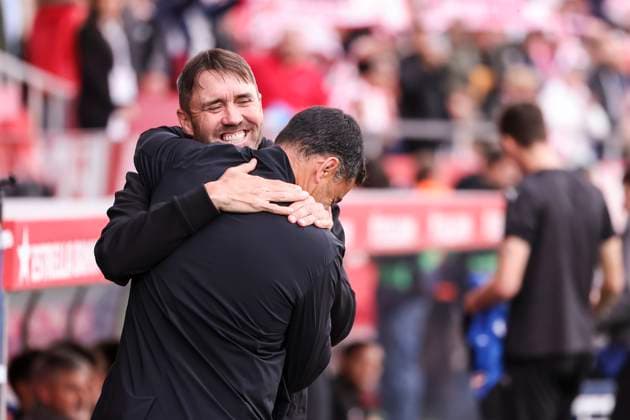 November 8, 2025, Girona, Girona, SPAIN: Eduardo Coudet, head coach of Deportivo Alaves, greets Michel, head coach of Girona FC, during the Spanish league, La Liga EA Sports, football match played between Girona FC and Deportivo Alaves at Montilivi stadium on November 08, 2025 in Girona, Spain. Girona SPAIN - ZUMAa181 20251108_zaa_a181_089 Copyright: xJavierxBorregox