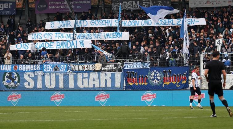 BAU 08 11 2025 Stuttgart Soccer SV Stuttgarter Kickers vs FC Astoria Walldorf, Banner in Stuttgart B Block