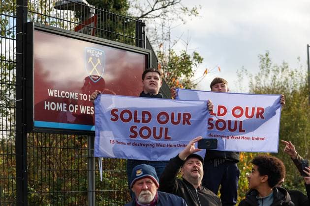 8th November 2025; London Stadium, London, England; Premier League Football, West Ham United versus Burnley; West Ham fans protest outside London Stadium before the match  KatiexChan
