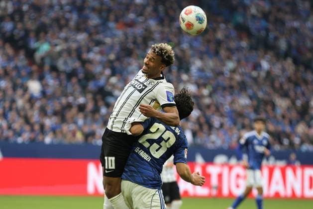 Bambase Conte SV 07 Elversberg and Soufiane El Faouzi FC Schalke 04 at the match of the 2 Bundesliga season 2025 26 FC Schalke 04 SV 07 Elversberg Copyright Thomas Pakusch Copyright: Thomas Pakusch