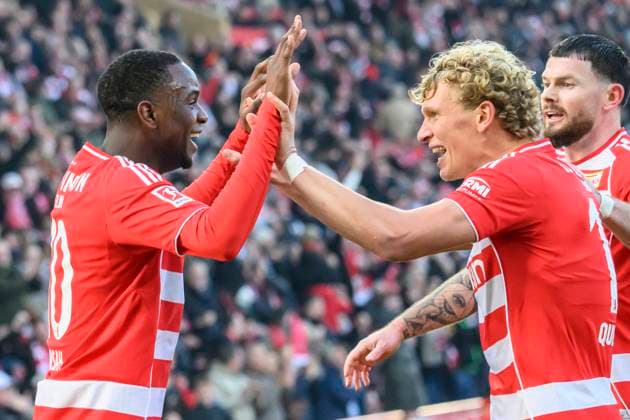 f l t r Ilyas Ansah 1 FC Union , Leopold Querfeld 1 FC Union , goal, hit, cheering, goal celebration, joy, jubilation, celebrating,celebreting the goal, joy, jubilation, cheering, not given 1 0, in the 1 Bundesliga match, 1 FC Union Berlin vs FC Bayern Munich, Bundesliga, soccer, DFB, 2025 2026 season, at the Alte Foersterei stadium, in the 1 Bundesliga match, 1 FC Union Berlin vs FC Bayern Munich, Bundesliga, soccer, DFB, 2025 2026 season, at the Alte Foersterei stadium, DFB DFL REGULATIONS PROHIBIT ANY USE OF PHOTOGRAPHS AS IMAGE SEQUENCES AND OR QUASI VIDEO, 08 11 25, Copyright: HMBxMedia UwexKoch