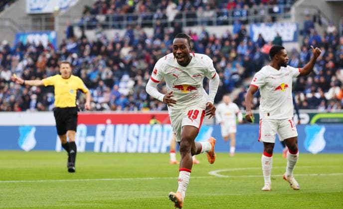 Hoffenheim RB Leipzig Bundesliga Sinsheim, 08 11 2025, PreZero Arena, Fußball Bundesliga, Spieltag 10 , TSG 1899 Hoffenheim vs RB Leipzig , Goal for Leipzig to 0 1 In the picture goal scorer Yan Diomande 49, RB Leipzig , Goal celebration , For editorial use only Only editorial use , DFL regulations prohibit any use of photographs as image sequences and or quasi video , Picture Point