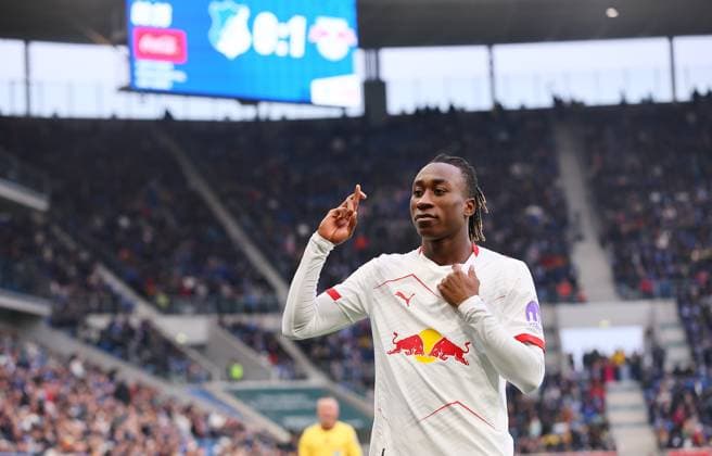 Hoffenheim RB Leipzig Bundesliga Sinsheim, 08 11 2025, PreZero Arena, Fußball Bundesliga, Spieltag 10 , TSG 1899 Hoffenheim vs RB Leipzig , Goal for Leipzig to 0 1 In the picture goal scorer Yan Diomande 49, RB Leipzig , Goal celebration , For editorial use only Only editorial use , DFL regulations prohibit any use of photographs as image sequences and or quasi video , Picture Point