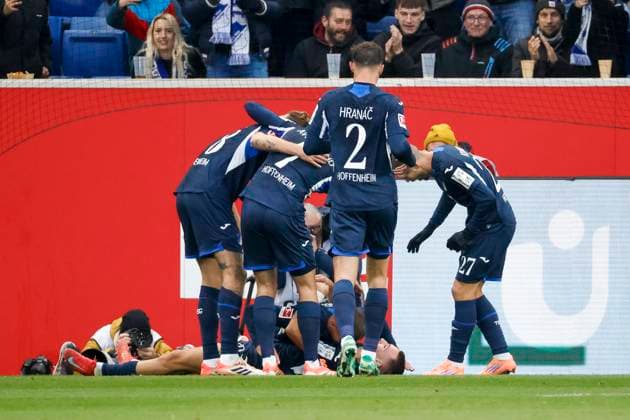 Goal celebration TSG Hoffenheim at 2 1 by Tim Lemperle TSG Hoffenheim, 19 , Germany, Soccer, 1 Bundesliga, Matchday 10, 2025 2026, TSG Hoffenheim vs RB Leipzig, 08 11 2025, PreZero Arena, Sinsheim, Germany Sinsheim PreZero Arena Baden Württemberg Germany Copyright: xGrantxHubbsx