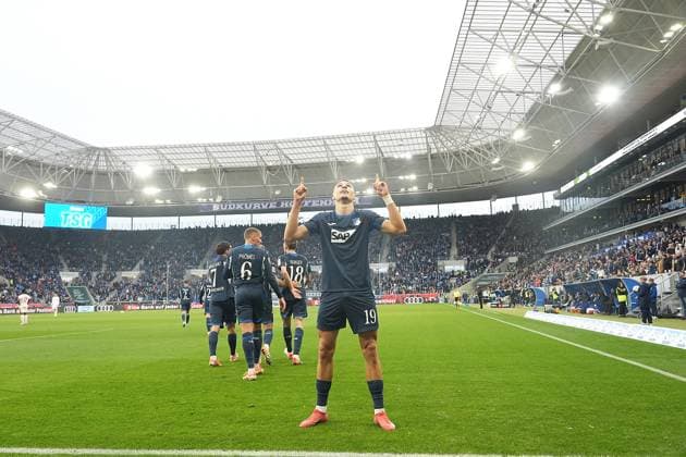 GER, 1 FBL, TSG Hoffenheim vs RB Leibzig 08 11 2025, PreZero Arena, Sinsheim, GER, 1 FBL, TSG Hoffenheim vs RB Leibzig , in the picture Tim Lemperle Hoffenheim is happy about the goal to 2 1 DFL regulations prohibit any use of photographs as image sequences and or quasi video nordphotoxGmbHx xBratic nph00250