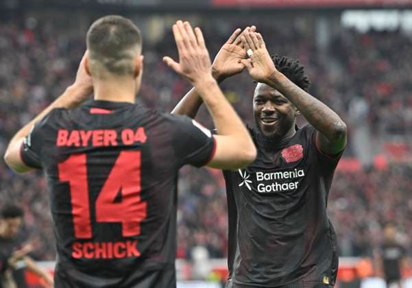 Cheering Patrik Schick Bayer Leverkusen after his goal for 1 0, with Edmond Tapsoba Bayer Leverkusen Football 1 Bundesliga,10 Matchday, Bayer 04 Leverkusen 1 FC Heidenheim, on 08 11 2025 in Leverkusen Germany DFL regulations prohibit any use of photographs as image sequences and or quasi video Â