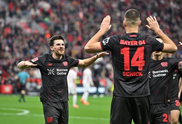 Cheering Patrik Schick Bayer Leverkusen after his goal for 1 0, with Jonas Hofmann l Bayer Leverkusen , Soccer 1 Bundesliga,10 Matchday, Bayer 04 Leverkusen 1 FC Heidenheim, on 08 11 2025 in Leverkusen Germany DFL regulations prohibit any use of photographs as image sequences and or quasi video Â