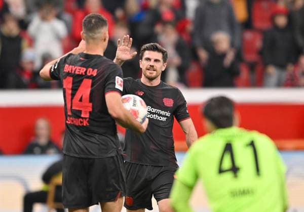Cheering Patrik Schick Bayer Leverkusen after his goal for 3 0, with Jonas Hofmann Bayer Leverkusen Soccer 1 Bundesliga,10 Matchday, Bayer 04 Leverkusen 1 FC Heidenheim, on 08 11 2025 in Leverkusen Germany DFL regulations prohibit any use of photographs as image sequences and or quasi video Â