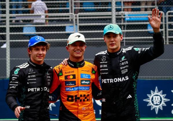 Corrida Sprint e Classificação GP Brasil SaO PAULO, SP - 08.11.2025: CORRIDA SPRINT E CLASSIFICAcaO GP BRASIL - Qualifying for the Sprint race this Friday (07) for the MSC Cruises Formula 1 Brazilian Grand Prix, in Sao Paulo, which will take place this weekend at the JosÃ Carlos Pace racetrack in Interlagos, south of the capital. In the photo are the drivers, Andrea Kimi Antonelli, Lando Norris and George Russel. (Photo: Aloisio Mauricio Fotoarena) x2838174x  AloisioxMauricio