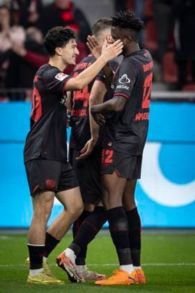 LEVERKUSEN, GERMANY - NOVEMBER 8: Celebration after the 6:0 scored again by Ibrahim Maza (Bayer 04 Leverkusen, 30), here with Edmond Tapsoba (Bayer 04 Leverkusen, 12) during the Bundesliga match (gameday 10) between Bayer 04 Leverkusen vs. 1. FC Heidenheim at BayArena on November 8, 2025 in Leverkusen, Germany. (Photo by Axel Kohring Beautiful Sports) DFL REGULATIONS PROHIBIT ANY USE OF PHOTOGRAPHS AS IMAGE SEQUENCES AND OR QUASI-VIDEO. Nordrhein-Westfalen Germany Copyright: xBEAUTIFULxSPORTS AxelxKohringx