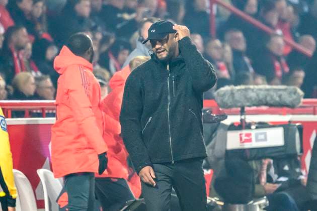 f l t r Vincent Kompany FC Bayern Muenchen, Trainer , traurig, deprimiert, sauer, sad, depressed, angry, emotional, in the 1 Bundesliga match, 1 FC Union Berlin vs FC Bayern Munich, Bundesliga, soccer, DFB, 2025 2026 season, at the Alte Foersterei stadium, in the 1 Bundesliga match, 1 FC Union Berlin vs FC Bayern Munich, Bundesliga, soccer, DFB, 2025 2026 season, at the Alte Försterei stadium, DFB DFL REGULATIONS PROHIBIT ANY USE OF PHOTOGRAPHS AS IMAGE SEQUENCES AND OR QUASI VIDEO, 08 11 25, Copyright: HMBxMedia UwexKoch
