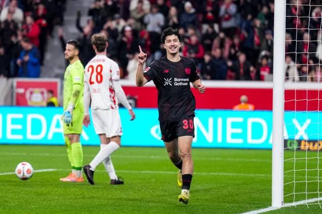 LEVERKUSEN, GERMANY - NOVEMBER 8: Ibrahim Maza of Bayer 04 Leverkusen celebrates after scoring his team s sixth goal during the Bundesliga match between Bayer 04 Leverkusen and 1. FC Heidenheim 1846 at BayArena on November 8, 2025 in Leverkusen, Germany. (Photo by Rene Nijhuis)  Copyright: xRenexNijhuis
