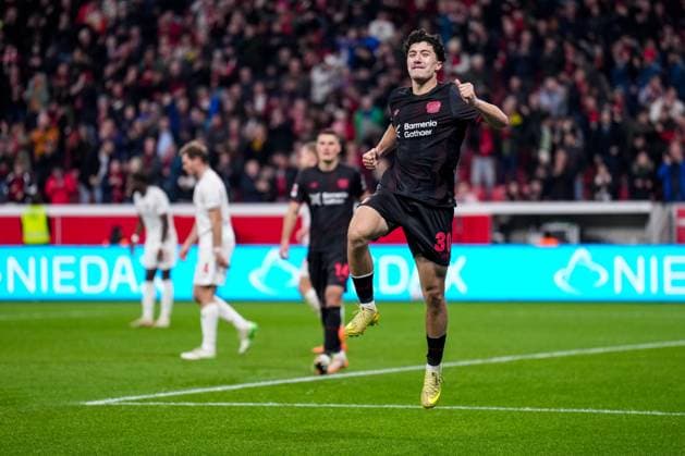 LEVERKUSEN, GERMANY - NOVEMBER 8: Ibrahim Maza of Bayer 04 Leverkusen celebrates after scoring his team s sixth goal during the Bundesliga match between Bayer 04 Leverkusen and 1. FC Heidenheim 1846 at BayArena on November 8, 2025 in Leverkusen, Germany. (Photo by Rene Nijhuis)  Copyright: xRenexNijhuis