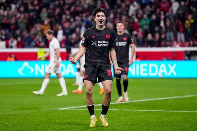 LEVERKUSEN, GERMANY - NOVEMBER 8: Ibrahim Maza of Bayer 04 Leverkusen celebrates after scoring his team s sixth goal during the Bundesliga match between Bayer 04 Leverkusen and 1. FC Heidenheim 1846 at BayArena on November 8, 2025 in Leverkusen, Germany. (Photo by Rene Nijhuis)  Copyright: xRenexNijhuis