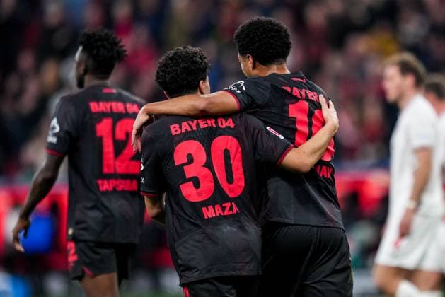 LEVERKUSEN, GERMANY - NOVEMBER 8: Ibrahim Maza of Bayer 04 Leverkusen and Malik Tillman of Bayer 04 Leverkusen celebrate their team s sixth goal during the Bundesliga match between Bayer 04 Leverkusen and 1. FC Heidenheim 1846 at BayArena on November 8, 2025 in Leverkusen, Germany. (Photo by Rene Nijhuis) SPO  Copyright: xRenexNijhuis