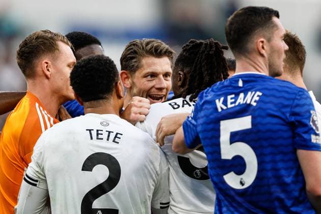 Everton v Fulham Premier League James Tarkowski of Everton and Joachim Andersen of Fulham square up during the Premier League match at the Hill Dickson Stadium, Liverpool UK Newspapers OUT Copyright: xMaxxTomlinsonx FIL-22480-0053